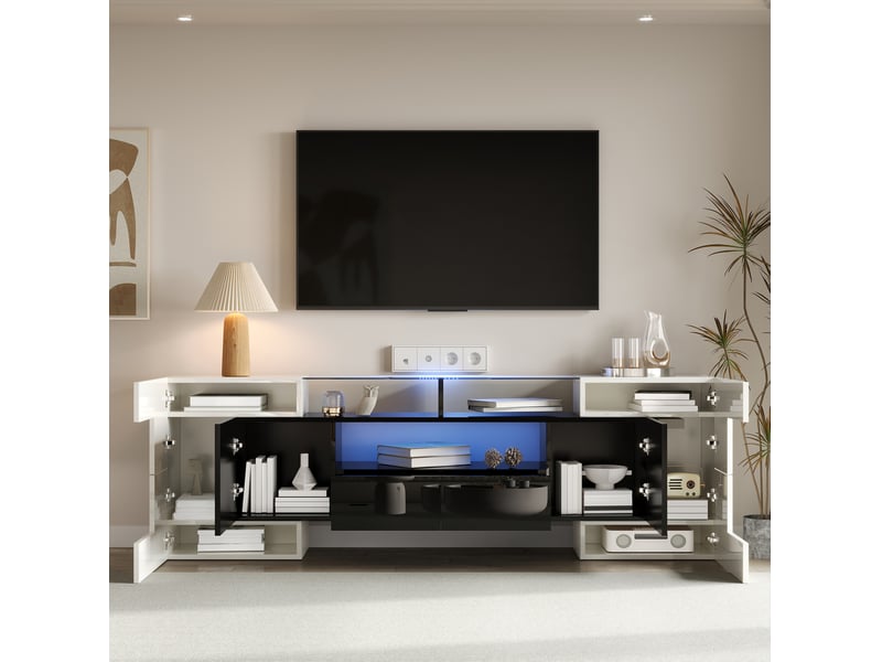  Meuble tv bas modenvie 200 x 35 x 60 cm avec led multicolore, 6 portes et 2 tiroirs, blanc et noir brillant  - Conforama D