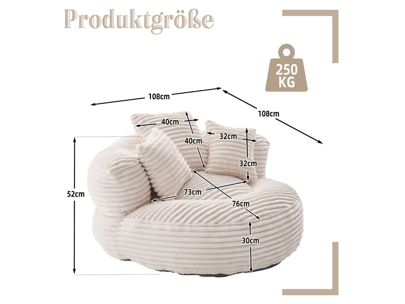  Fauteuil pouf 108x108x52 cm, avec 3 coussins, à haut dossier, revêtement en velours côtelé beige, pour adultes et enfants  - Conforama C