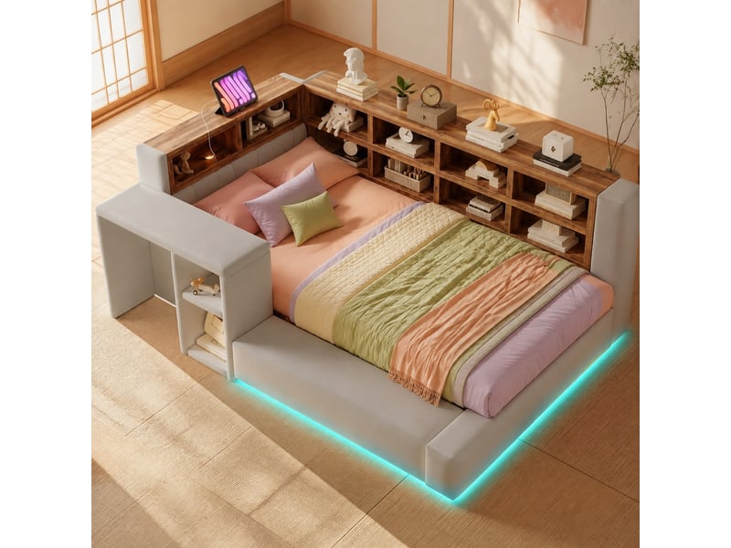 Lit avec tête de lit rembourrée 90 x 200 cm, avec fond plat, avec lumières led, prises intégrées, table de chevet, banquette intégrée, gris clair  - Conforama C
