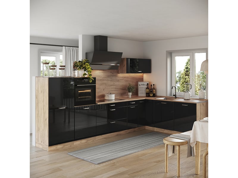  Vicco cuisine en angle, noir haute brillancechêne doré, 347 x cm plan de travail anthracite  - Conforama C