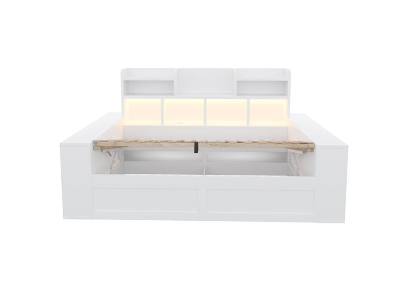  Lit banquette 90x200 blanc avec rangements, prise et éclairage led, coffre hydraulique  - Conforama R