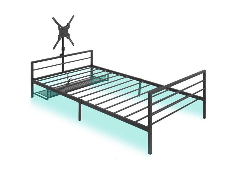  Lit gamer en métal noir 90x200 cm avec support d'écran intégré et éclairage led réglable  - Conforama W