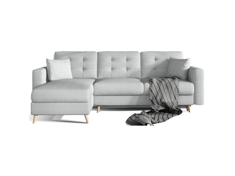  Canapé d'angle convertible hasgard 3 places gris 248x162 cm – coffre et pieds bois  - Conforama A