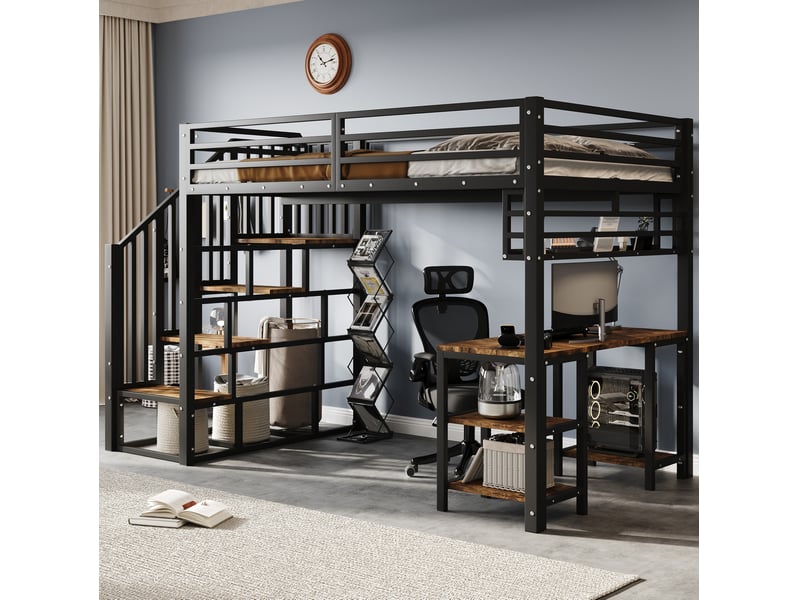 Lit mezzanine en métal 120x200 cm avec bureau, étagères et escalier, noir - Conforama B