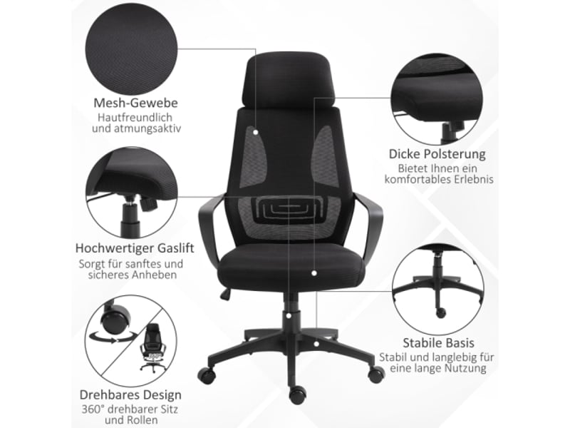  Chaise de bureau ergonomique en mesh noir, appui-tête, soutien lombaire, accoudoirs, inclinable  - Conforama C