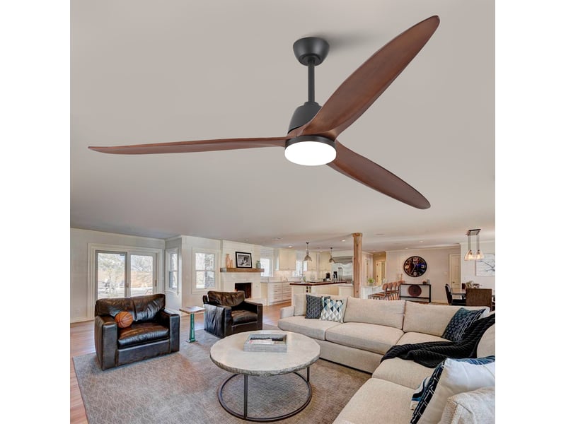  Ventilateur de plafond 72 pouces, éclairage led 3 tons, structure bois et métal, moteur dc réversible, 6 vitesses, couleur noir noyer  - Conforama B