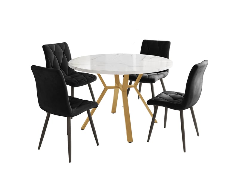  Ensemble repas 5 pièces 100 cm – noir et doré – table ronde avec placage marbre et 4 chaises en velours  - Conforama D