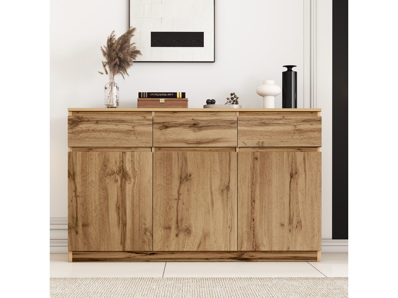  Buffet bois naturel 135 cm bahut 3 portes 3 tiroirs meuble de rangement  - Conforama E