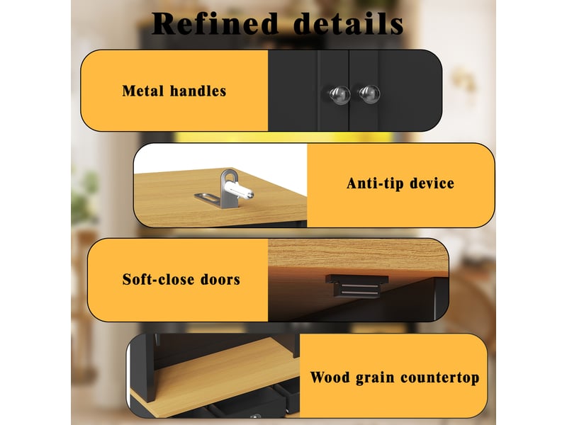  Armoire haute led noire, rangement moderne avec éclairage rgb, portes soft close, plan bois, tablettes et paniers réglables, sécurité anti bascule  - Conforama D