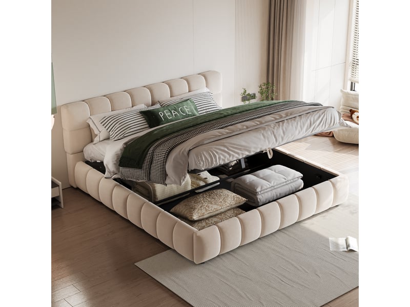 Lit coffre rembourré 140 × 190 cm en velours avec rangement hydraulique, tête de lit capitonnée - beige - Conforama D