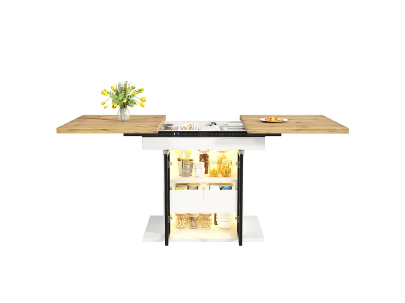 Table à manger extensible blanc, 2 tiroirs, rangement, portes vitrées, éclairage led, confort, solide - mdf et métal - 110x80x77.9cm - Conforama A