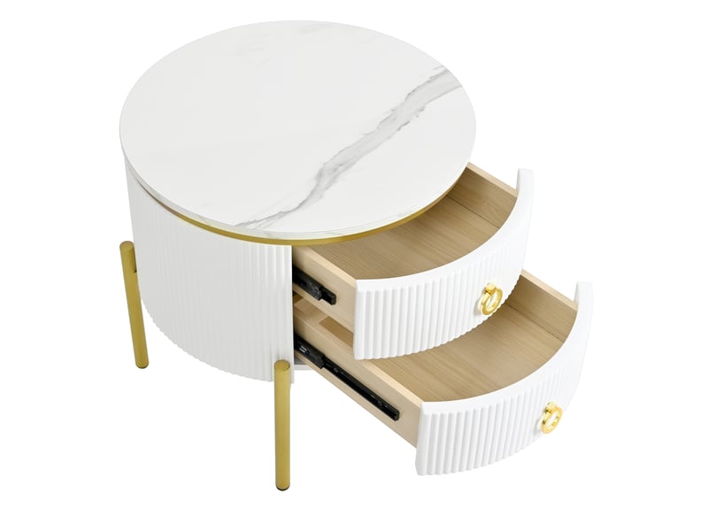  Table d'appoint, table basse avec tiroirs, plateau spécial effet marbre, pieds et poignées dorés, réglable  - Conforama D