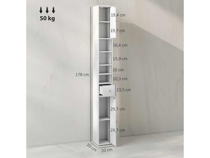 Meuble de salle de bains haut et étroit, avec compartiments ouverts et fermés, blanc  - Conforama E