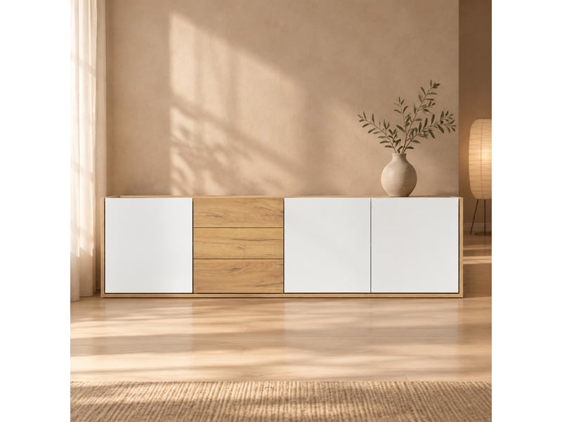  Meuble tv 171,5 cm mural ou à poser, 3 portes et 3 tiroirs, blanc et coloris bois  - Conforama B