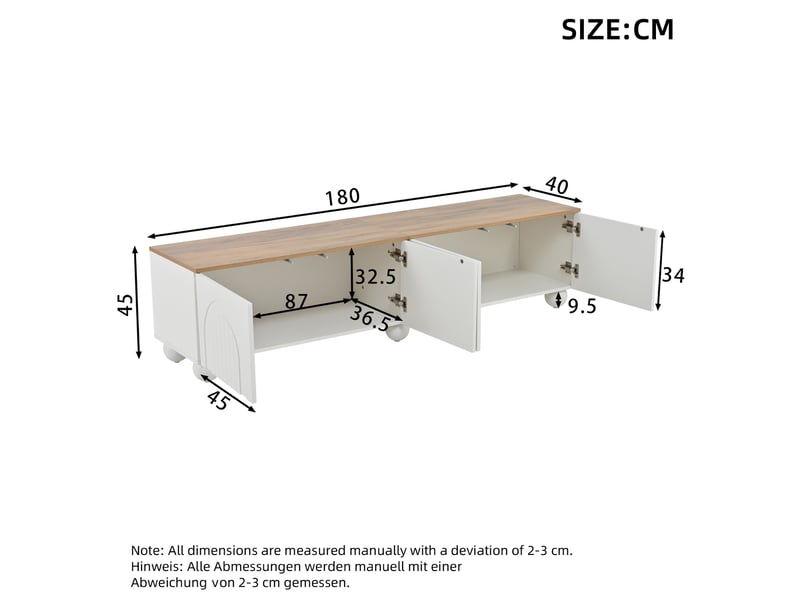  Meuble tv 180 x 40 x 45 cm avec 4 portes et 6 pieds en métal, blanc et bois  - Conforama C