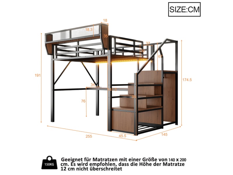 Lit mezzanine 140x200 cm avec bureau 2 m - rangement flexible - échelle de sécurité - led et prises - noir - Conforama C