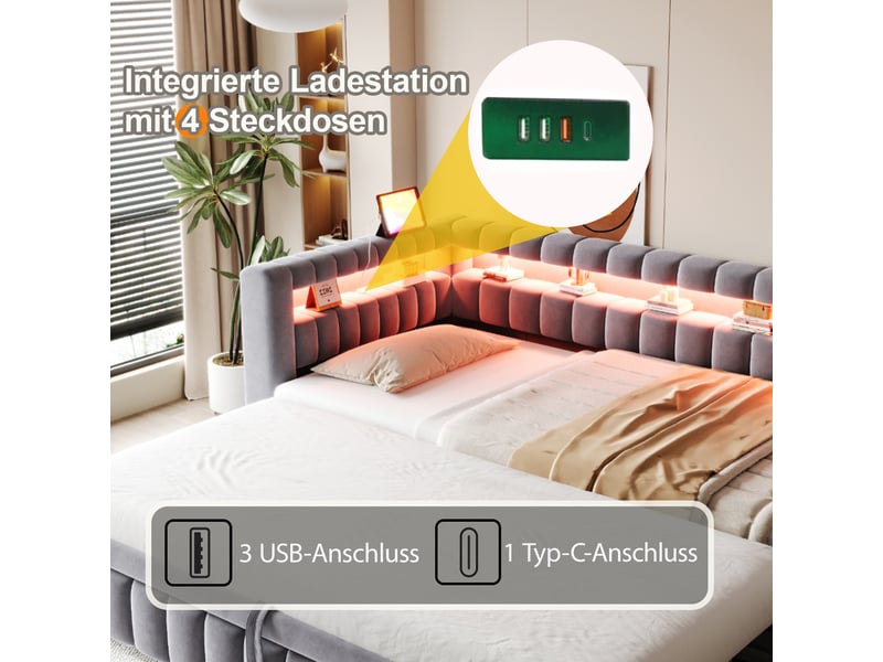 Canapé-lit convertible 90/180x200 cm avec rayures verticales, led et ports usb-c, velours gris foncé, sans matelas - Conforama D