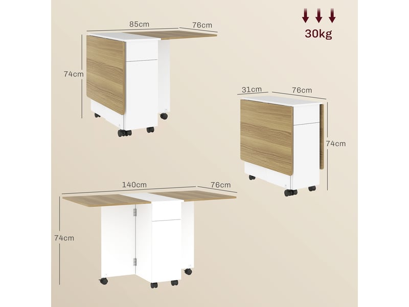  Table à manger pliable pour 6 personnes, table de cuisine sur roulettes avec 2 tiroirs 2 placards, 140x76x74cm, blanc  - Conforama E