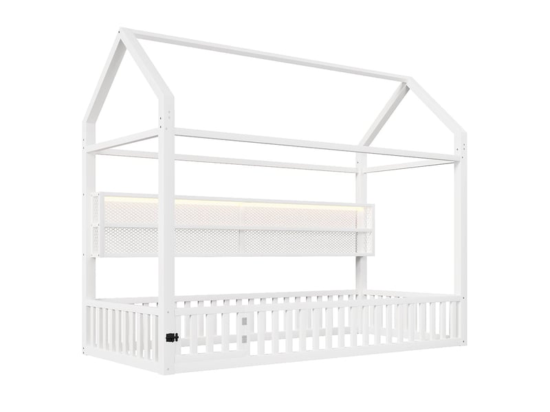 Lit cabane design maison 90x200 avec barrière sécurité éclairage led blanc - Conforama A