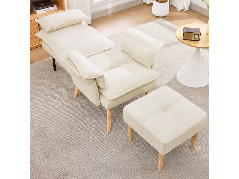  Fauteuil relax, fauteuil de salon – dossier réglable, pieds bois, avec accoudoirs, avec repose-pieds, beige  - Conforama E