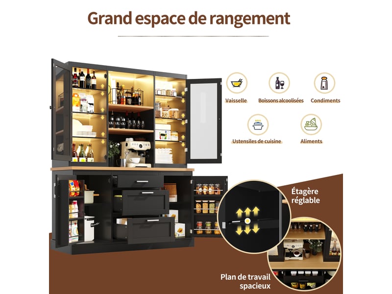Buffet de cuisine moderne 140x40x185 cm, armoire de rangement avec led, 3 tiroirs et 4 portes, plan de travail, mdf noir  - Conforama E