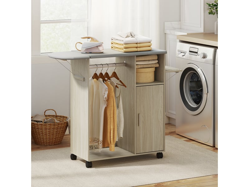  Armoire à repasser sur roulettes, table à repasser pliante, étagère réglable, barre de suspension, 127x42,5x99cm naturel  - Conforama A