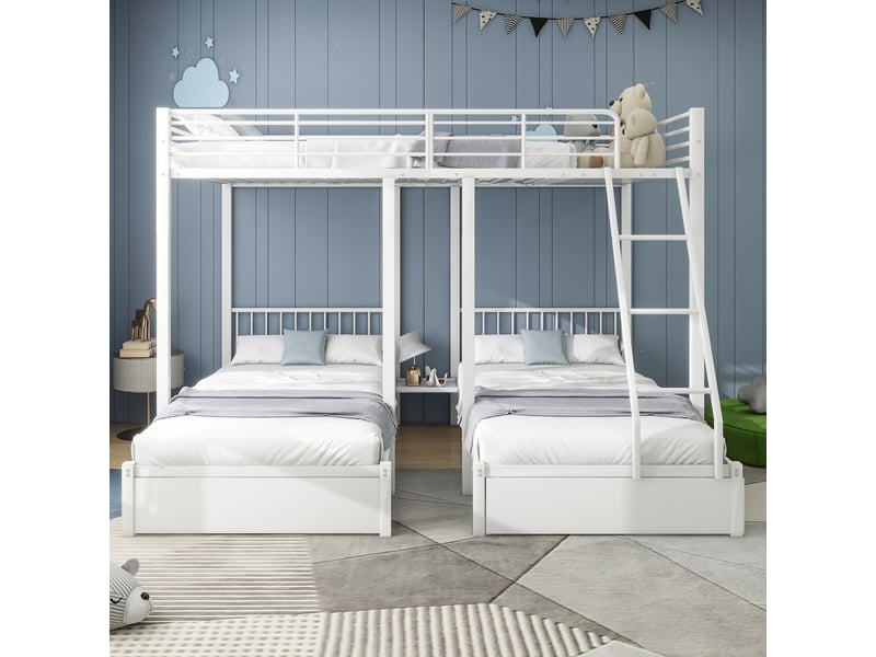  Lit étage triple convertible 140 x 200 cm et deux 90 x 200 cm, structure métal, rangements, blanc  - Conforama E