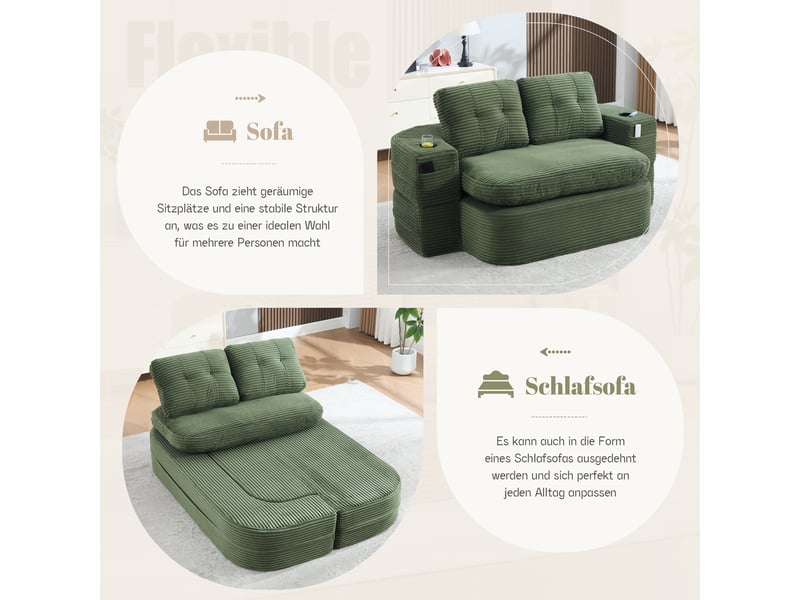  Canapé convertible, canapé-lit, en velours tricoté, vert, porte-gobelets, assise profonde, pliable, 2 en 1  - Conforama A