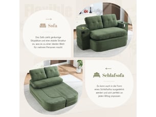Fauteuil convertible, dossier réglable, avec porte-gobelets, accoudoirs réglables, en velours côtelé, coloris vert émeraude