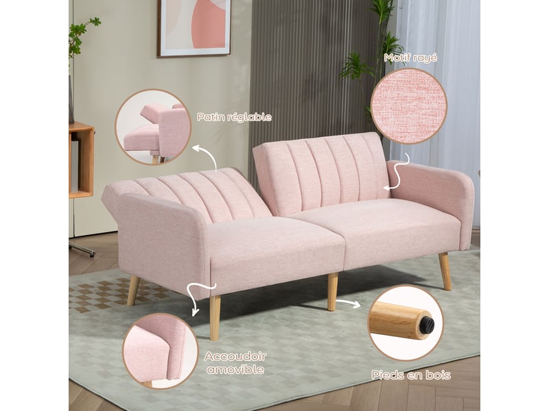  Canapé convertible 2 places design scandinave dossier inclinable 3 positions pieds bois tissu aspect lin rose  - Conforama R