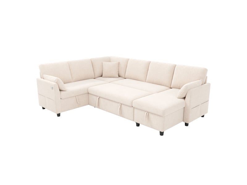  Canapé d’angle convertible 6 places avec rangement 255x196x85 cm beige  - Conforama E