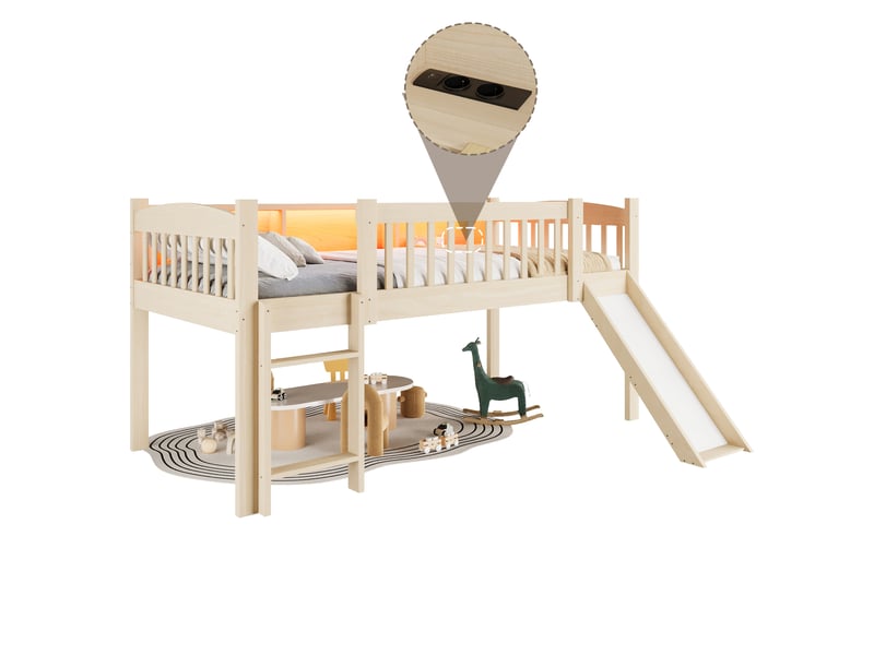  Lit mezzanine enfant 90x200 cm en bois avec toboggan, espaces de rangement intégrés, éclairage led et port usb, chambre enfant - naturel  - Conforama A
