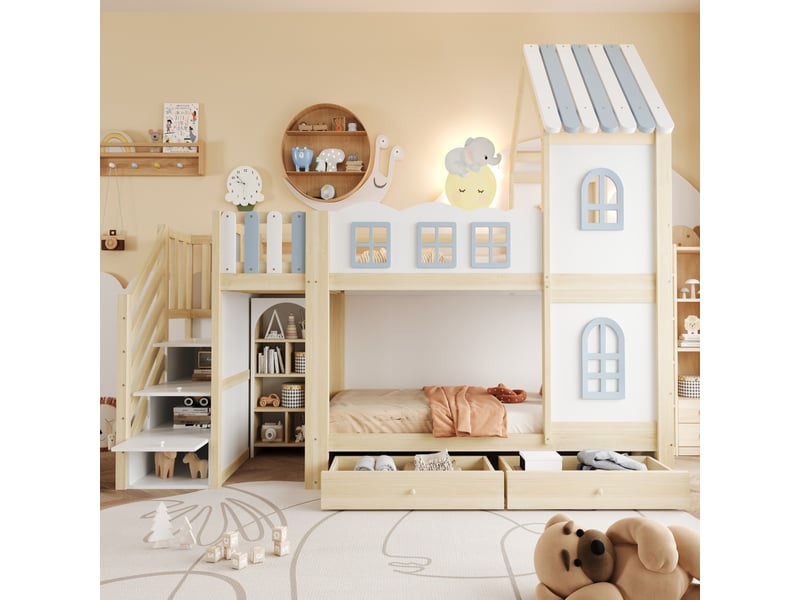 Lit superposé 90x200 cm, lit enfant, tiroirs, étagères, échelle sécurisée, motif nuage, bois gris, blanc, bois naturel - Conforama A