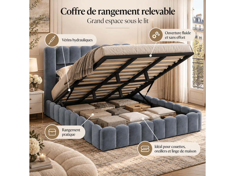  Lit coffre 180 x 200 cm avec led et ports usb,lit double rembourré , rangement hydraulique, lit fonctionnel,velours ,gris  - Conforama W