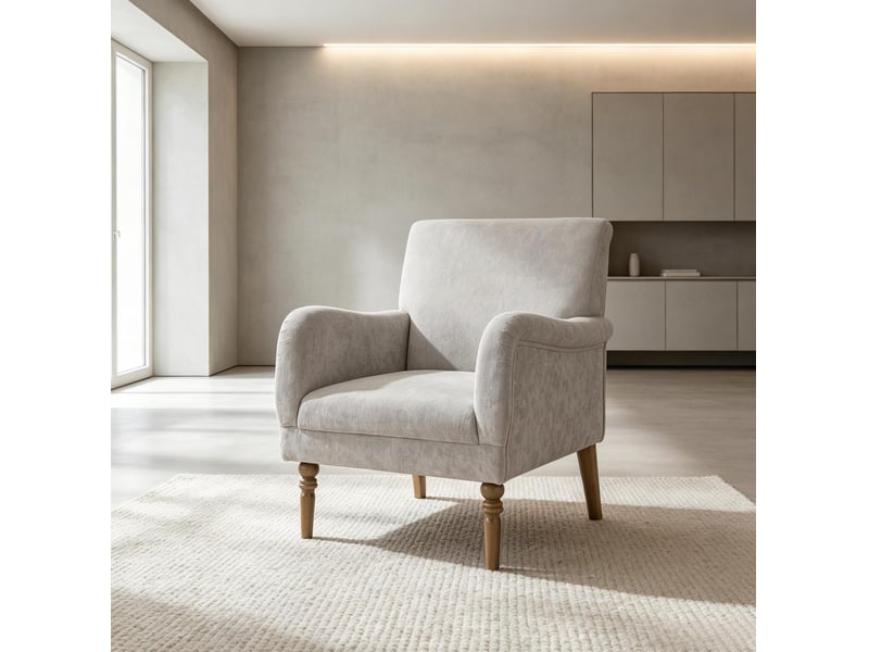 Fauteuil 1 place à dossier haut en tissu aspect lin gris, pieds en bois d’hévéa - Conforama C