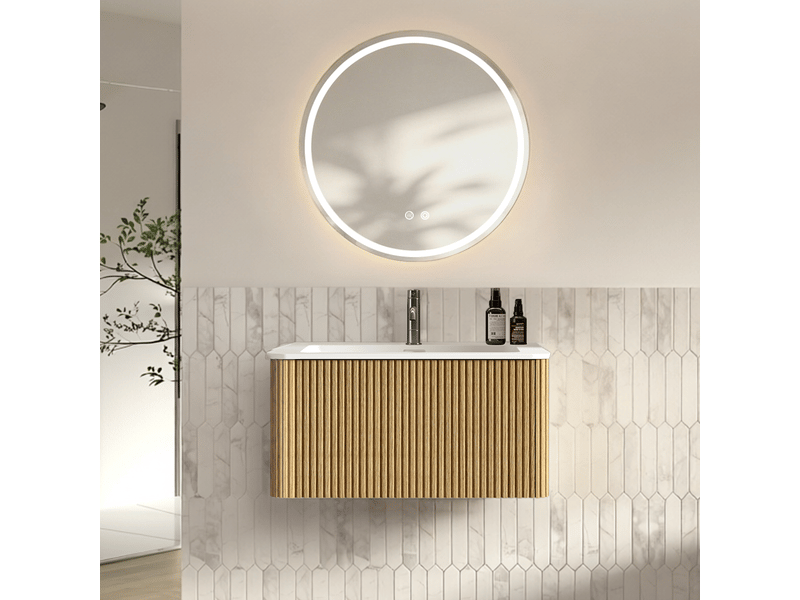 Meuble salle de bain suspendu 80 cm avec miroir rond led antibuée, 1 tiroir, gain de place - Conforama D