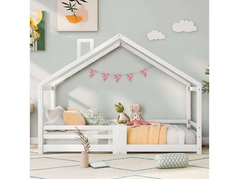  Lit cabane enfant 90x200cm, sommier, décoration de la cheminée de toit,protection, bois, blanc, sans matelas  - Conforama W
