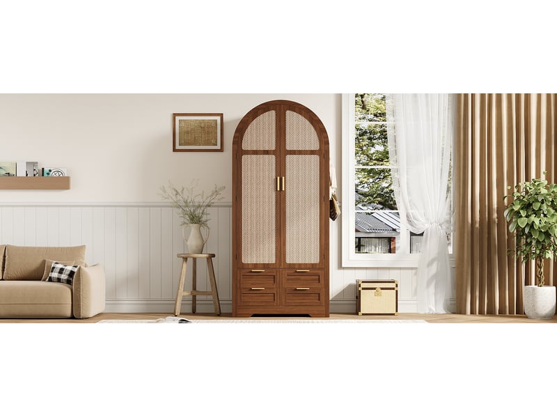  Armoire 80 x 50 x 180 cm avec portes galbées en rotin, penderie et 4 tiroirs, mdf coloris noyer  - Conforama D