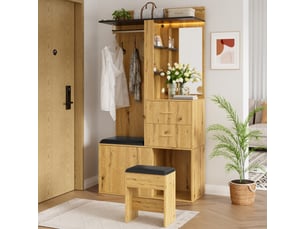 Meuble d'entrée 100x40x172,5 cm avec miroir led, penderie, banc coffre, meuble chaussures et rangement mdf