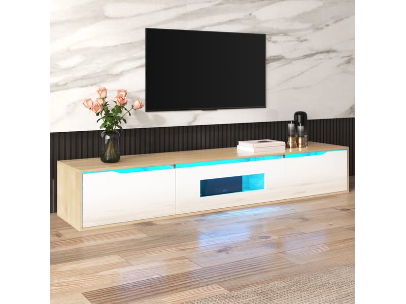  Meuble tv avec éclairage led, en panneau de particules, blanc brillant et effet bois  - Conforama C
