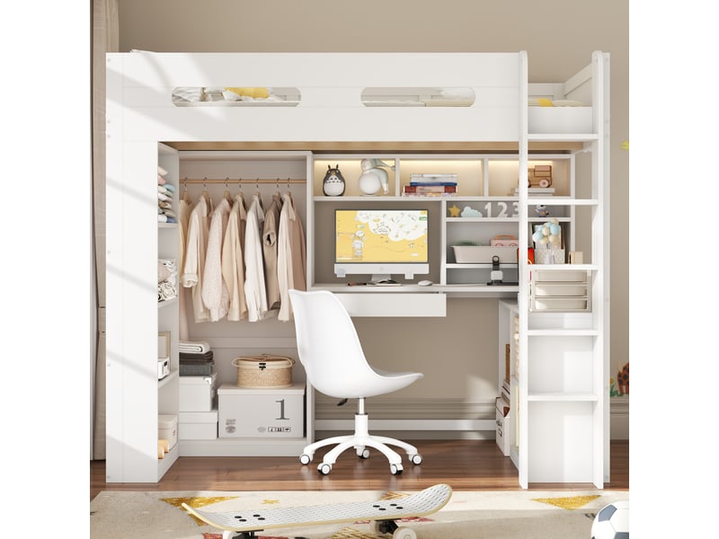  Lit mezzanine 90x200 cm avec bureau, penderie ouverte, tiroir, étagères, led et usb, pin et mdf, blanc OMNIGLINT TRADING LTD - Conforama D