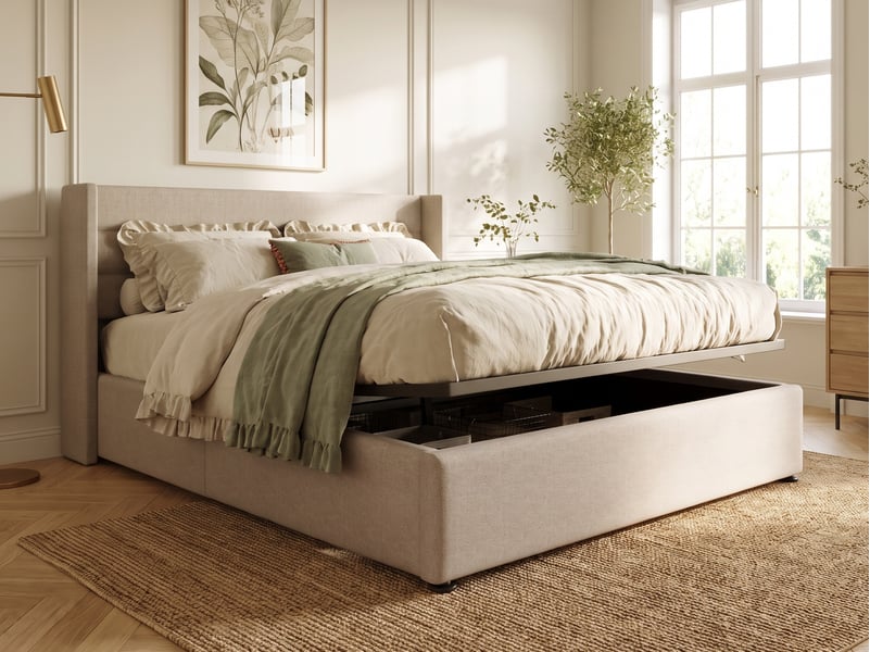  Lit coffre 160x200 cm avec rangement, lit double rembourré en lin - cadre de lit hydraulique - capacité de charge 350 kg, lin beige  - Conforama B