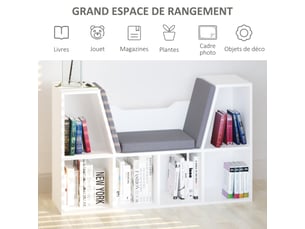 Bibliothèque banc 2 en 1 avec coussins de siège, meuble de, étagère cube 6 compartiments ouverts et 2 niveaux