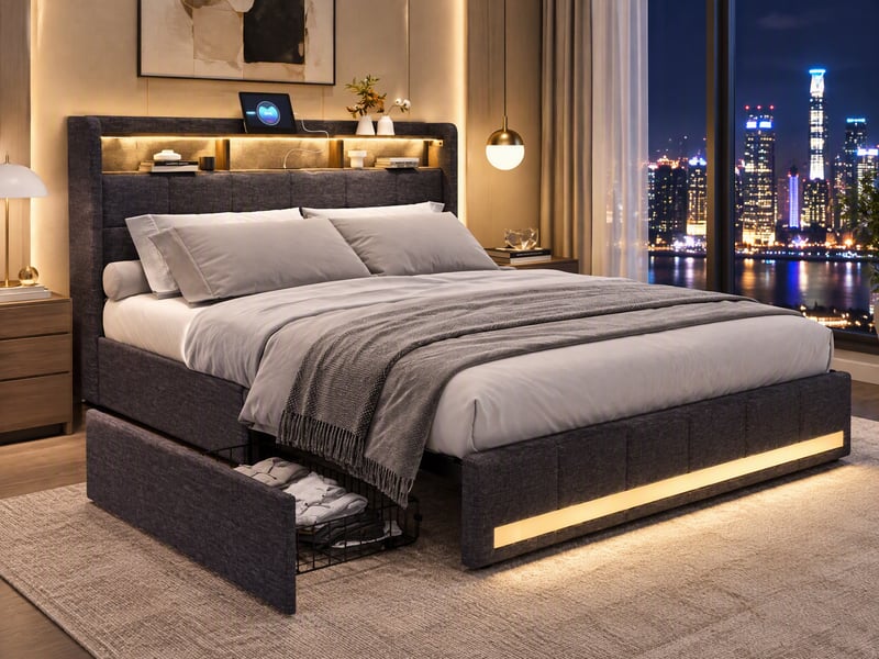  Lit double rembourré 140x190 cm avec éclairage led, lit 2 place avec 4 tiroirs et usb, sommier à lattes en bois  - Conforama B
