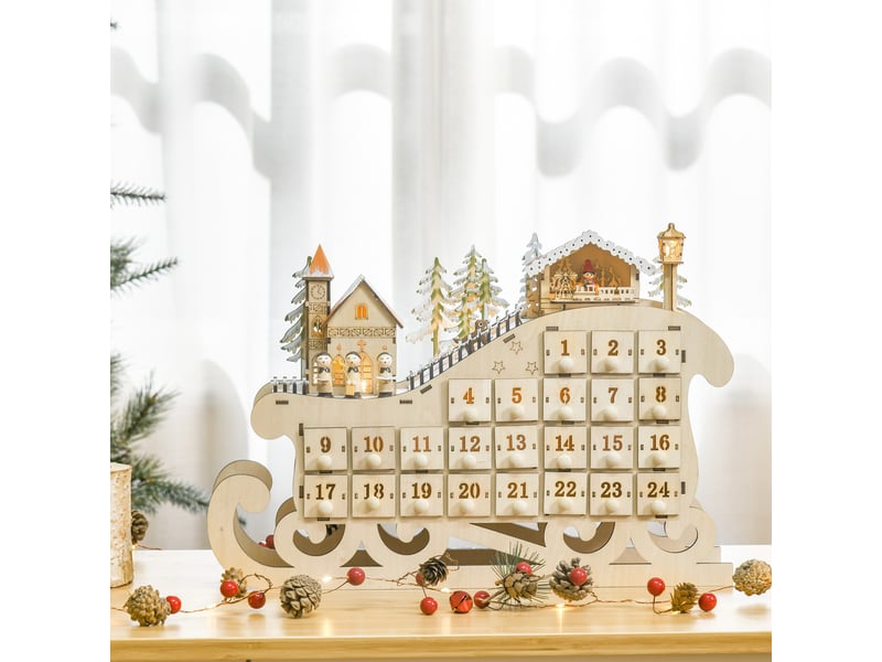  Calendrier de l'avent de noël avec lumières et 24 tiroirs, décoration de noël, modèle traîneau, 45 x 10 x 31 cm, bois naturel  - Conforama C