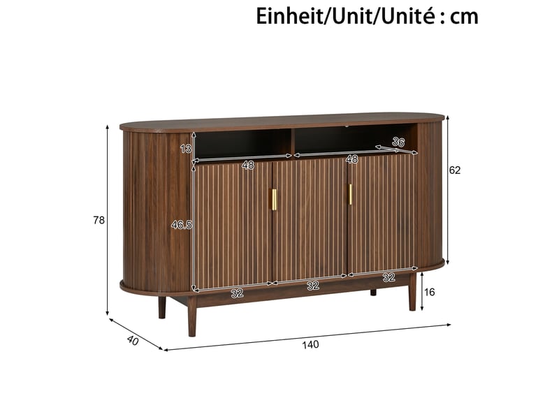 Buffet bas 3 portes avec façade à lignes verticales, rangement fermé pour salon en mdf et pb noyer 140 × 40 × 78 cm - Conforama C
