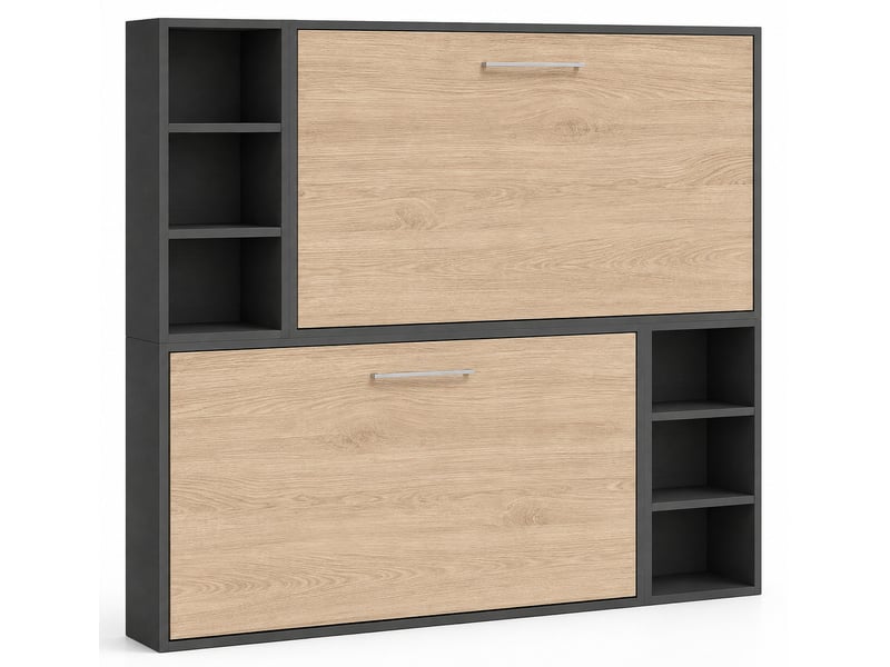  Lit escamotable superposé avec niches de rangement briano-2 matelas-90x200-cadre anthracite-façade chêne clair  - Conforama A