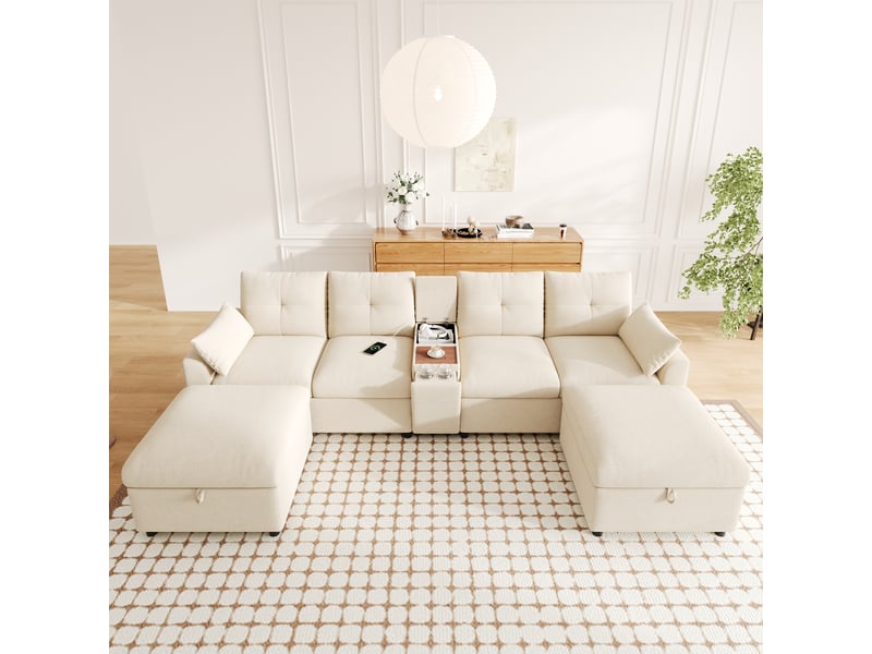  Canapé d'angle, canapé modulable, 6 places, en chenille, beige, porte-gobelets, pour salon et séjour, usb  - Conforama R