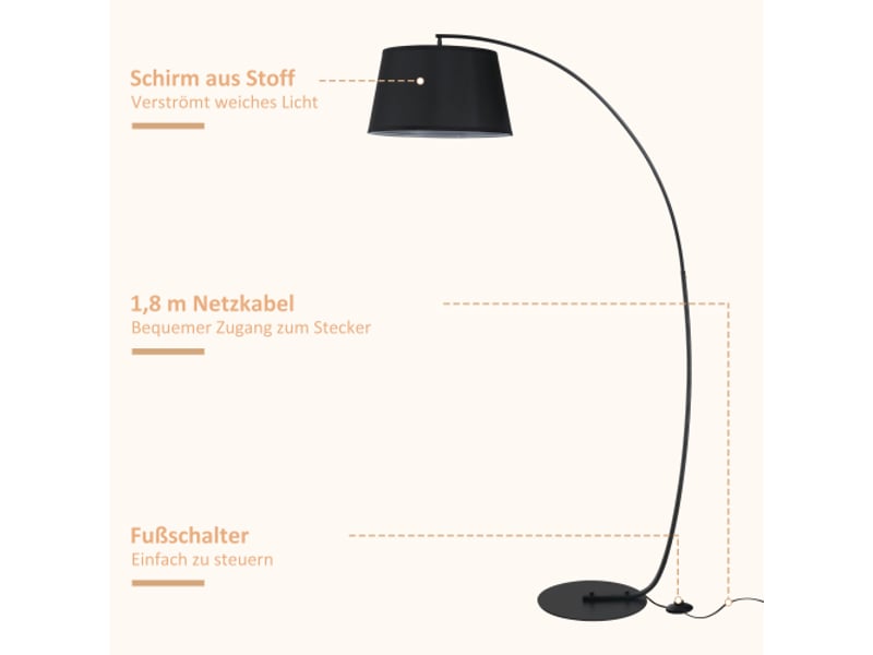  Lampadaire arc moderne en métal noir, abat-jour en lin, design élégant, pour salon et chambre  - Conforama D