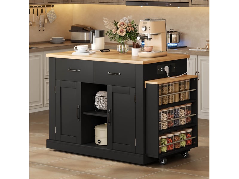  Îlot de cuisine noire avec table extensible, 132x60x93 cm, 7 roulettes  - Conforama D